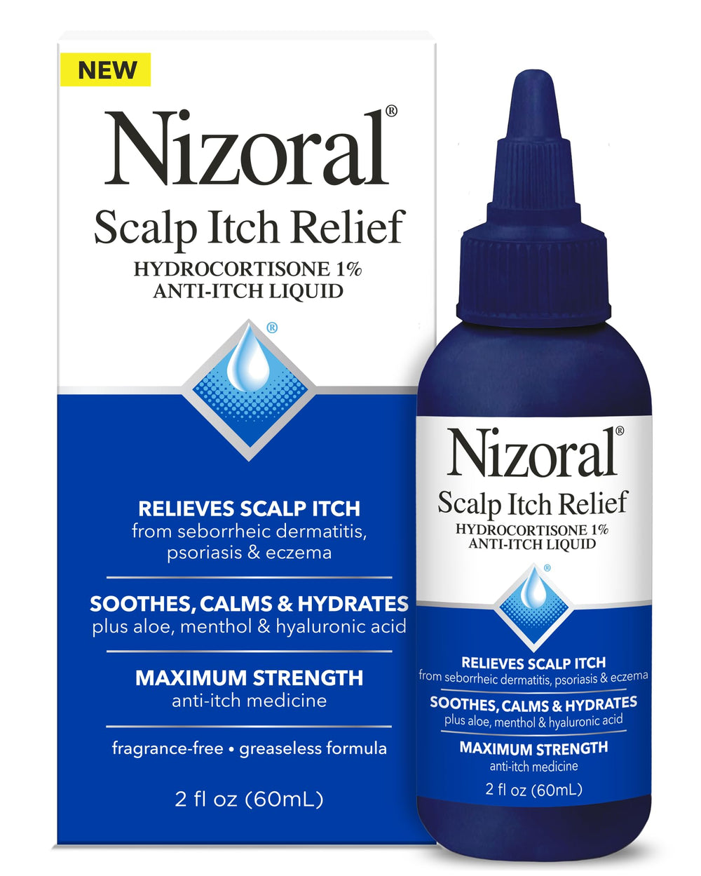 Nizoral scalp itch relief liquid bottle-tip demonstrates targeted scalp application for relief