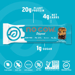 No Cow High Protein Bars chocolate salted caramel bar cross-section reveals chewy texture and rich flavor