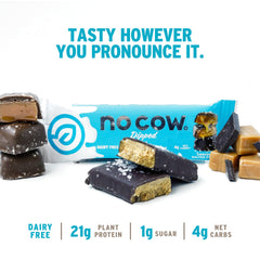 No Cow High Protein Bars texture close-up highlights glossy coating and cocoa goodness