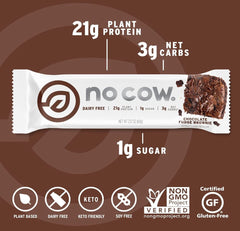 No Cow vegan protein bars nutrition facts panel highlights 20g protein and low sugar.