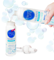 No-Rinse Foaming Body Wash in bathroom scene, refreshing cleanse near sink