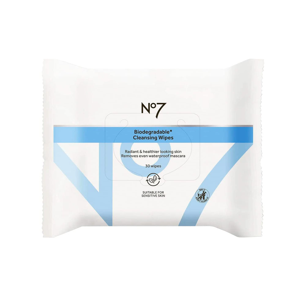 No7 biodegradable cleansing wipes dual-pack front view for easy makeup removal.