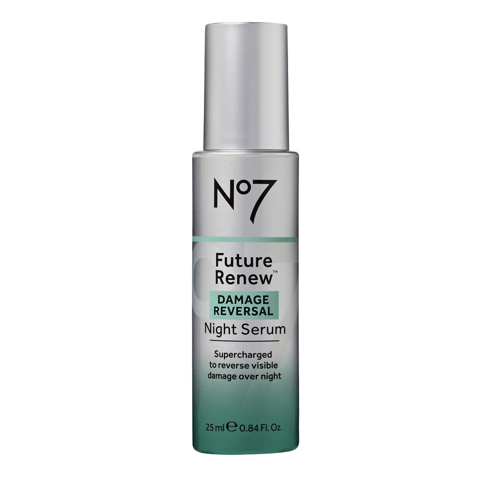 No7 Future Renew night serum bottle closeup highlighting premium formula for overnight care