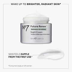 No7 Future Renew night-cream application close-up demonstrates nightly routine usage.