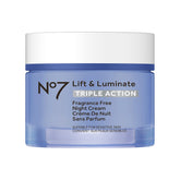 No7 Lift and Luminate night cream bottle for radiant overnight skin.