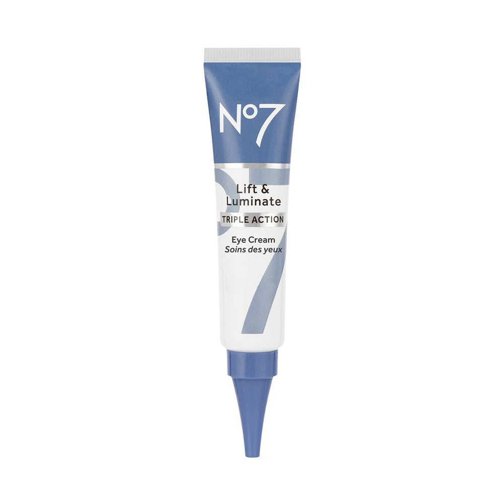 No7 Lift & Luminate bottle close-up for brightening daily eye care.