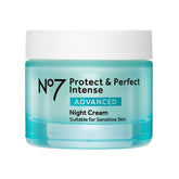 No7 Protect & Perfect Night Cream jar closeup shows rich nourishment for overnight hydration.