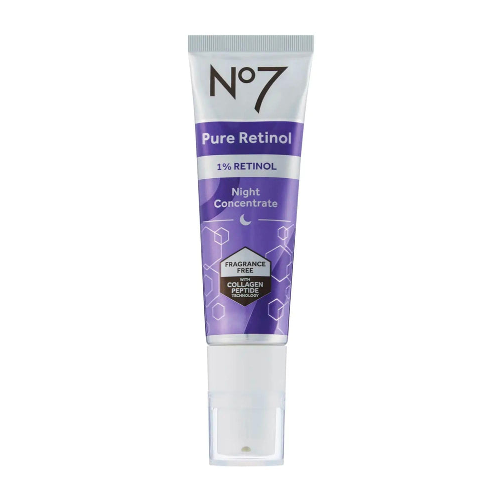 No7 Pure Retinol Night Concentrate bottle on vanity, promoting smoother skin texture overnight