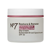 No7 Restore & Renew cream bottle with pump shows daily hydration and firming potential