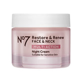 No7 Restore and Renew Night Cream bottle on vanity for overnight hydration.