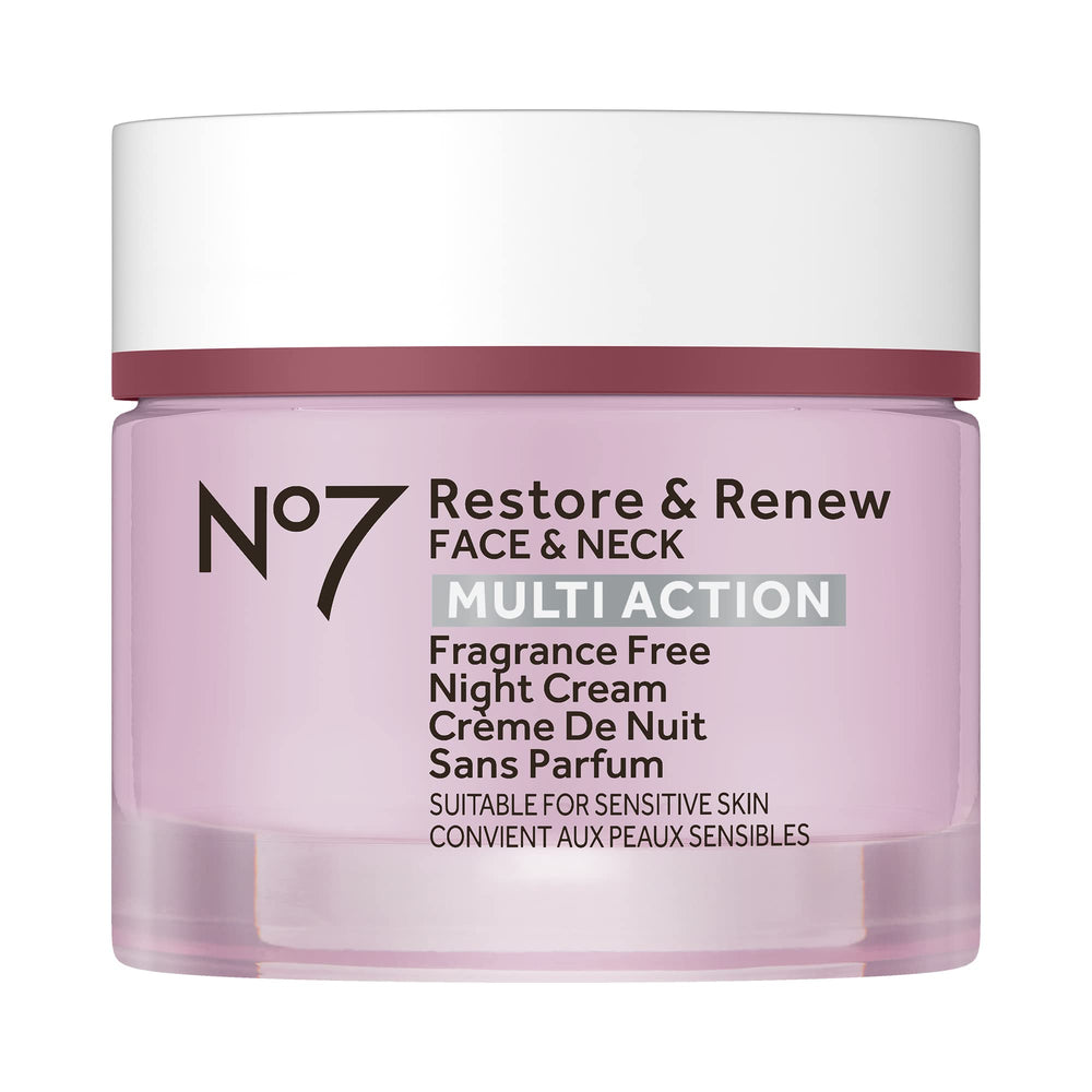 No7 Restore & Renew night cream bottle shown for premium nighttime skincare
