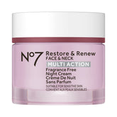 No7 Restore & Renew night cream bottle shown for premium nighttime skincare