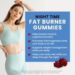 Nobi Night Time Fat Burner gummies jar closeup highlights calming sleep aid potential.