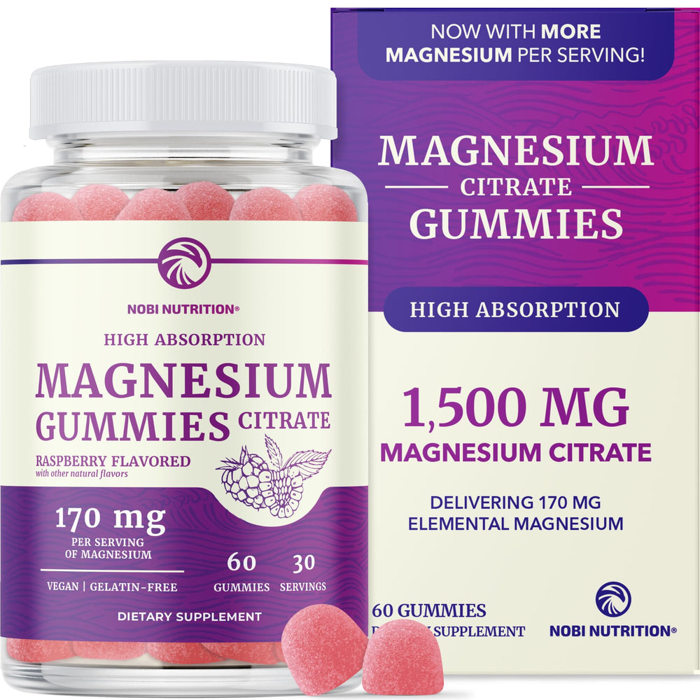 Nobi Nutrition magnesium citrate gummies bottle front highlighting raspberry flavor for daily wellness.