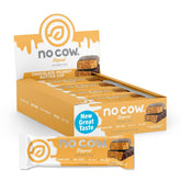 No Cow Upgraded Peanut Butter Cup bar front wrapper, 20g vegan protein and low sugar option.