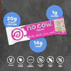 No Cow vegan protein bar ingredients scene emphasizing gluten-free and dairy-free formula