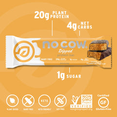 No Cow vegan protein bar nutrition panel highlights fiber and low sugar values.