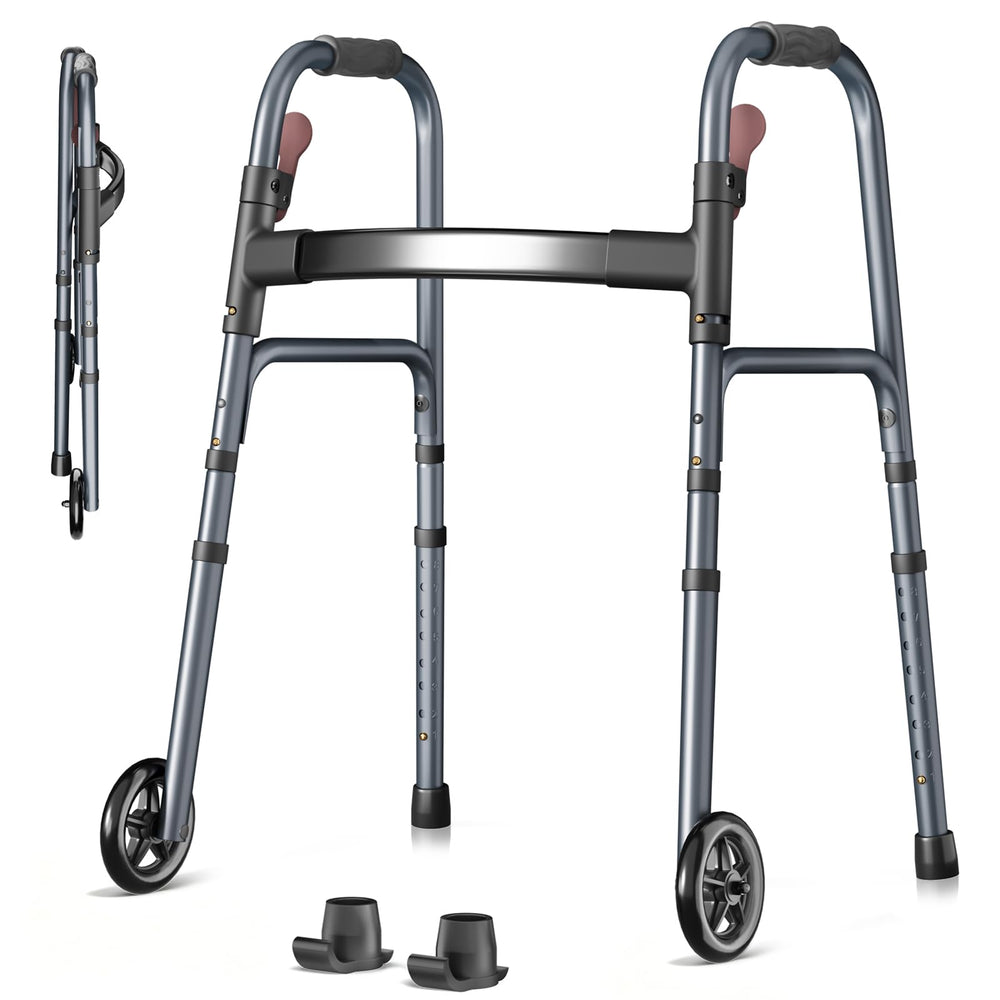 Noerishia folding walker side view with adjustable height for comfort.