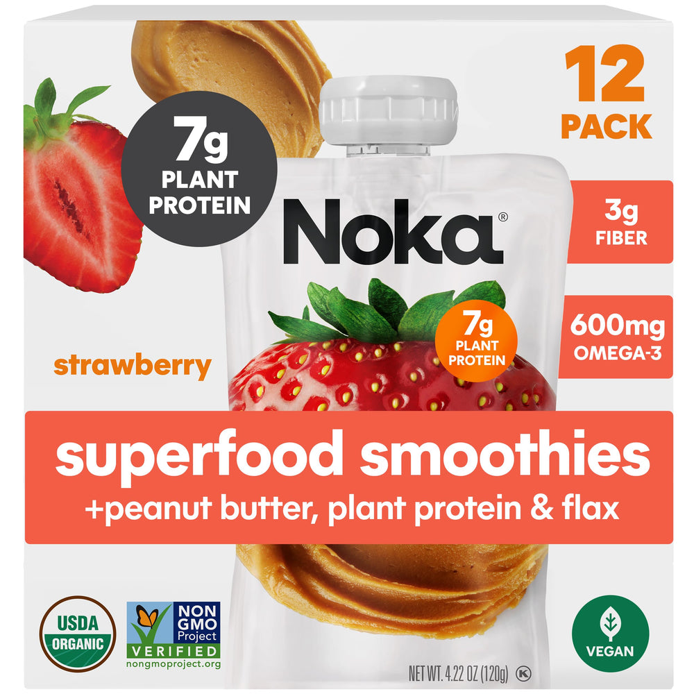 NOKA strawberry peanut butter smoothie pack shot highlights organic ingredients and convenience.