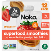 NOKA strawberry peanut butter smoothie pack shot highlights organic ingredients and convenience.