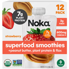 NOKA strawberry peanut butter smoothie pack shot highlights organic ingredients and convenience.