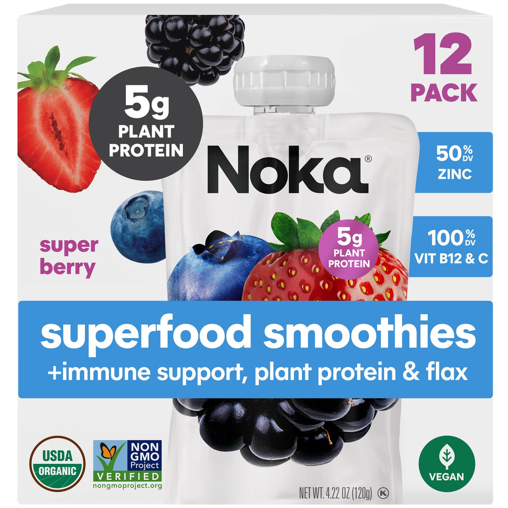 NOKA Superfood Berry Smoothie pouch front view for on-the-go snacking.
