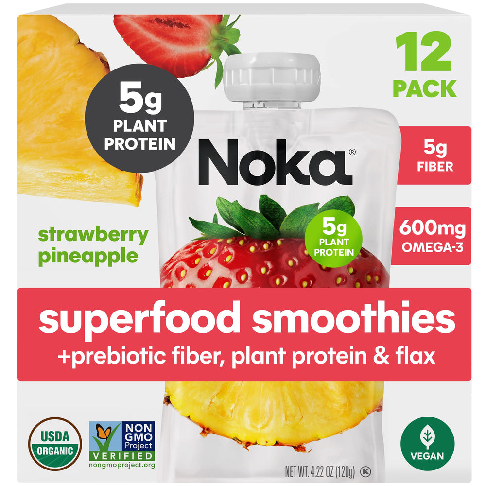 NOKA superfood smoothie pouch – strawberry pineapple – ideal for on-the-go breakfast.