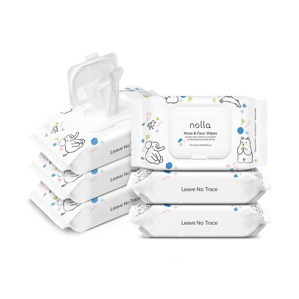 Nolla nose and face wipes packaging, compostable and unscented for gentle baby cleansing.