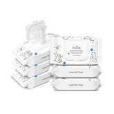 Nolla nose and face wipes packaging, compostable and unscented for gentle baby cleansing.