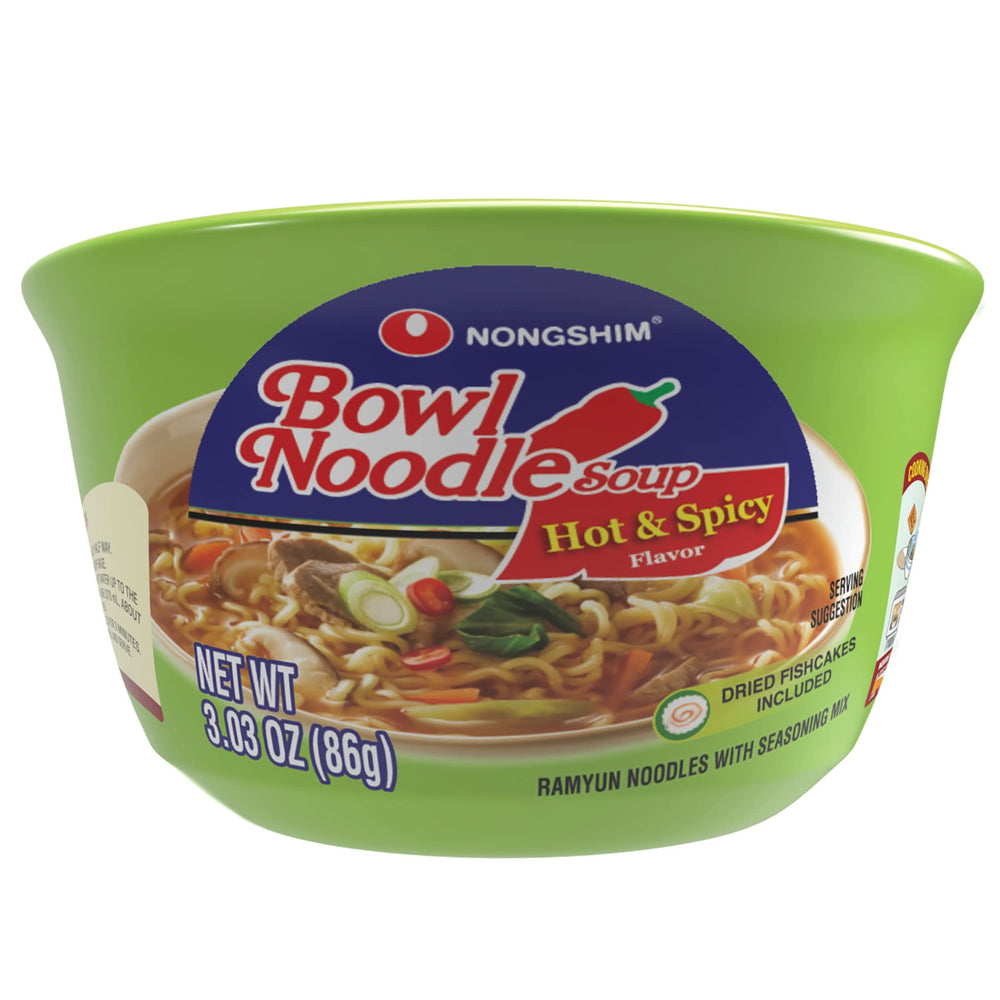 Nongshim hot-spicy ramen bowl showcasing bold color and steam, ideal for a quick meal