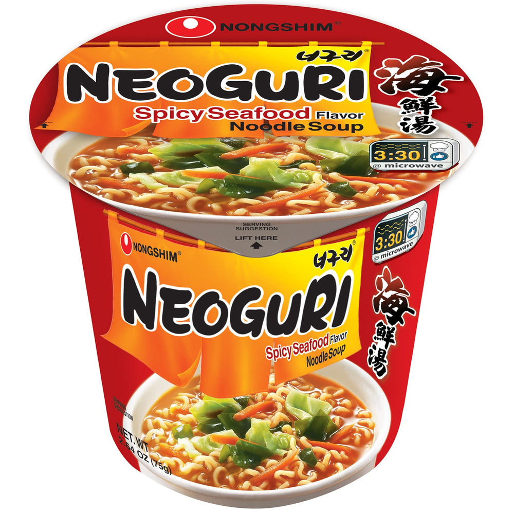Nongshim Neoguri spicy seafood ramyun cup highlights premium ingredients for bold flavor