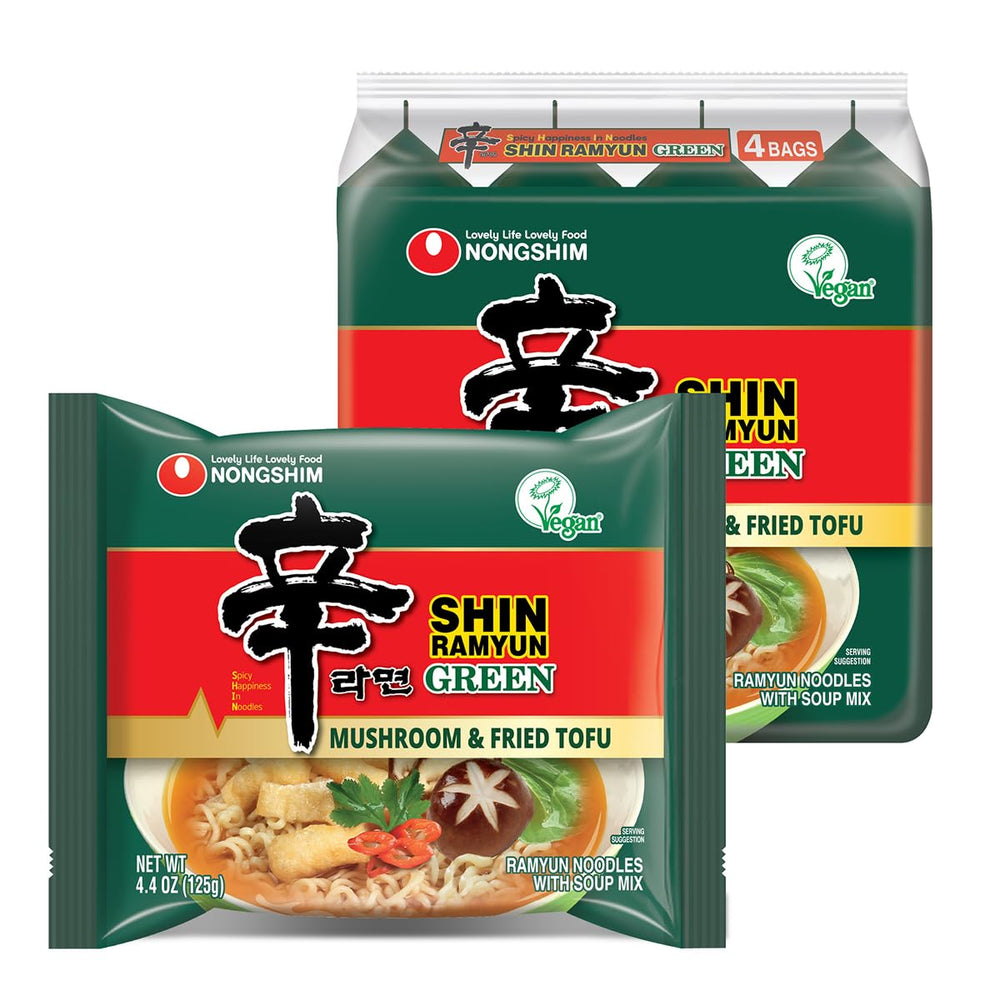 Nongshim Shin Green Ramyun with mushroom and fried tofu in a steaming bowl