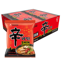 Nongshim Shin Ramyun noodles—uncooked close-up, ready to heat for a quick spicy meal.