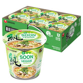 Nongshim Soon Cup Veggie broth steams, signaling a comforting vegan meal.