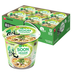 Nongshim Soon Cup Veggie broth steams, signaling a comforting vegan meal.