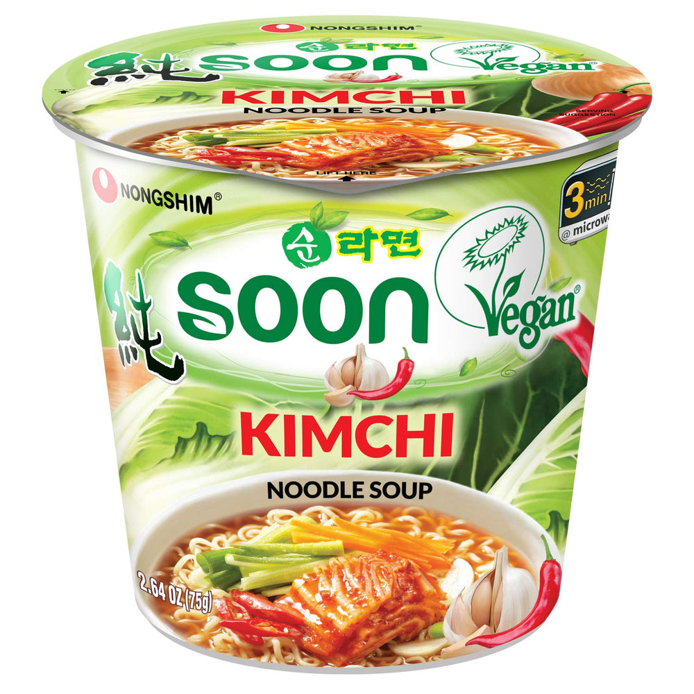 Nongshim Soon Kimchi Noodle Cup front-pack for a quick vegan lunch.