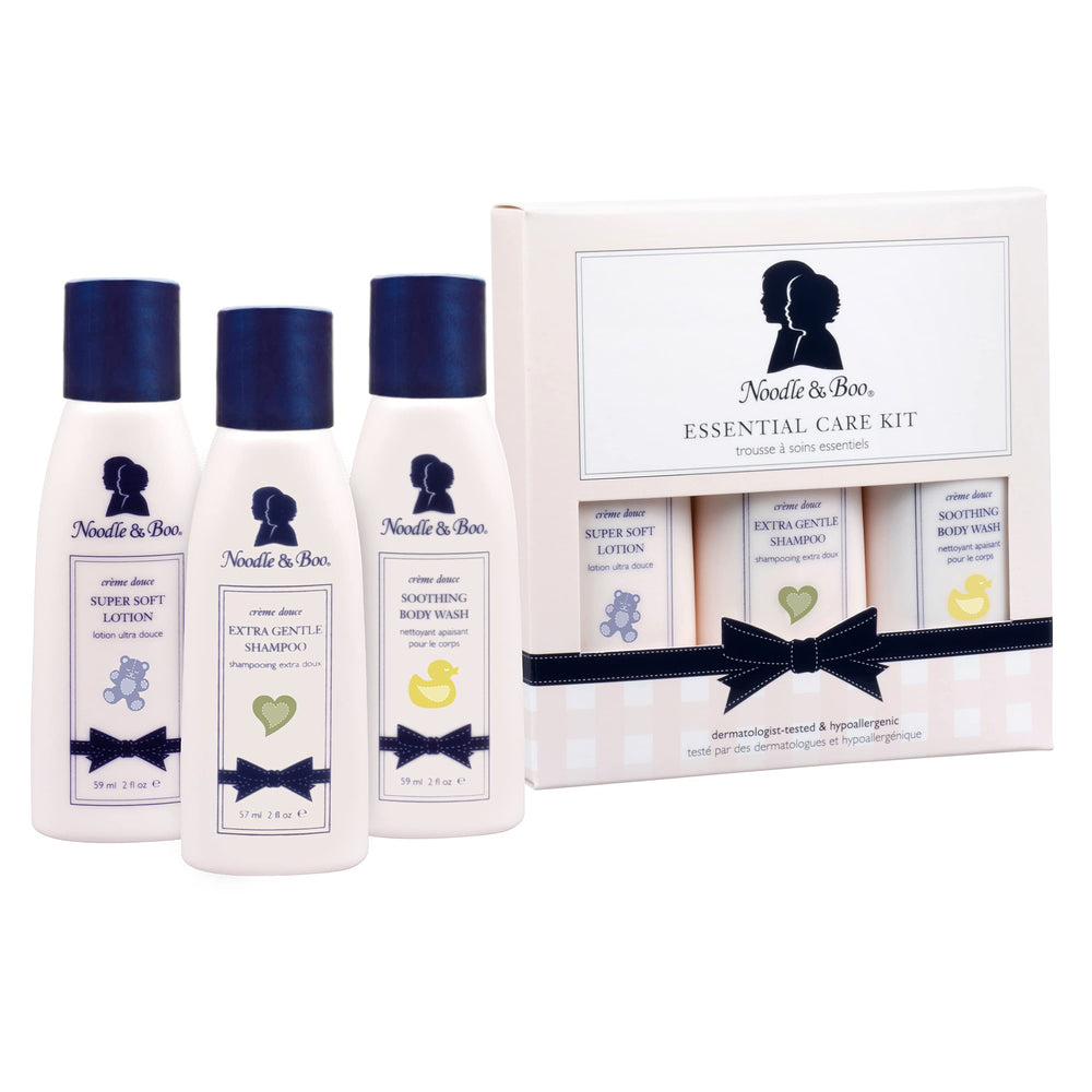 Noodle & Boo essential care kit packaging in signature pink blue design for gifting