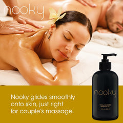 NOOKY Fractionated coconut oil base highlighted for lightweight massage.