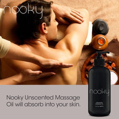 Nooky Unscented Massage Oil on skin emphasizing non-greasy feel after application.