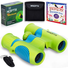 Noptix kids binoculars in green and blue, front view for curious young explorers.
