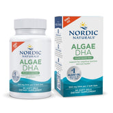 Nordic Naturals Algae DHA softgels on the bottle front, easy-to-swallow plant-based omega-3.
