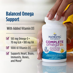 Nordic Naturals Complete Omega-D3 lemon flavor bottle pouring, showcasing convenient serving.