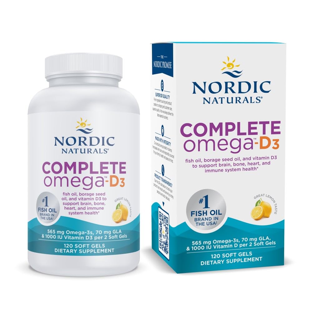 Nordic Naturals Complete Omega-D3 lemon bottle with soft gels for daily wellness.