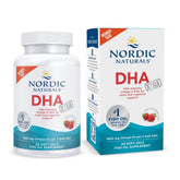 Nordic Naturals DHA Xtra strawberry bottle front showing high-DHA omega-3 formula for brain support.