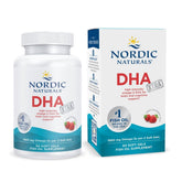 Nordic Naturals DHA Xtra Strawberry soft gels bottle with label highlighting brain support