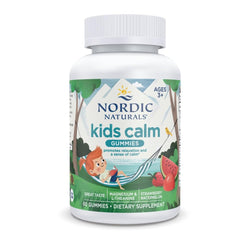 Nordic Naturals Kids Calm Gummies bottle shows strawberry watermelon flavor for gentle relaxation