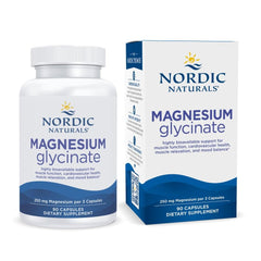 Nordic Naturals magnesium glycinate bottle; convenient daily support for energy balance and muscle function.
