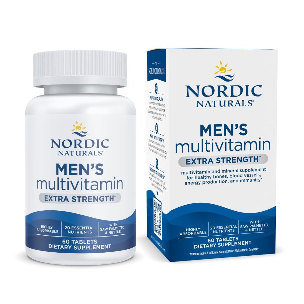 Nordic Naturals Men’s Multivitamin Extra Strength bottle highlights daily essential nutrient support.