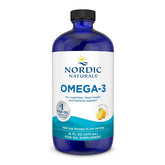 Nordic Naturals Omega-3 Lemon bottle with clear label, supports heart and brain health.