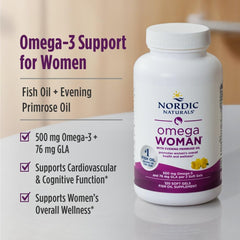 Nordic Naturals Omega Woman pour image suggesting easy daily dosing with meals
